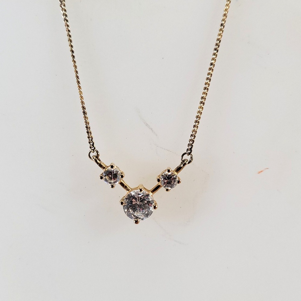 925 Sterling Silver Necklace Gold Vermeil 3-CZ Stones Chevron 16"